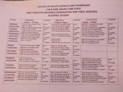 College of Health Science and Tech., Nguru 1st Semester Exam Timetable, 2020/2021