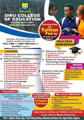 Owu College of Education NCE, Part-Time NCE & Pre-NCE Admission forms, 2023/2024