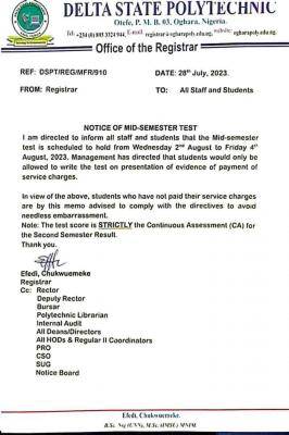 Delta Poly Oghara notice on mid-semester test