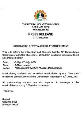 Fed Poly, Offa 27th matriculation ceremony