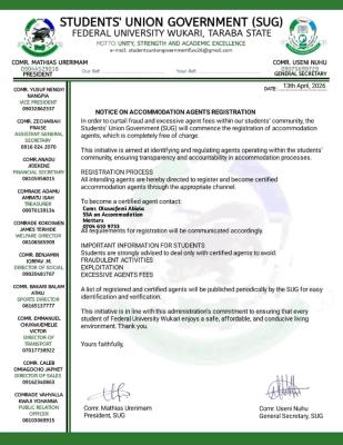 FUWUKARI SUG announces mandatory registration for accommodation agents