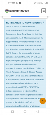 BOSU supplementary UTME/DE admission lists, 2020/2021