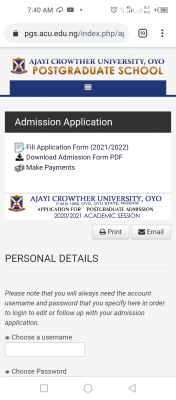 ACU postgraduate admission form for 2021/2022 session