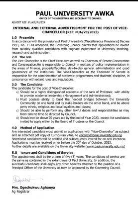 Paul University, Awka advertisement for the post of Vice Chancellor