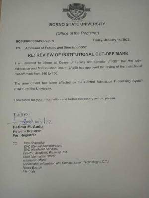 Borno State University reviews cut-off mark for 2021/2022 admission