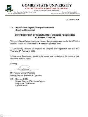 GOMSU notice to Diploma and Part-time students on commencement of registration, 2025/2026
