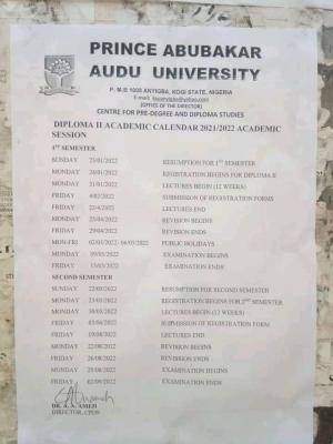 Prince Abubakar Audu University Diploma II academic calendar, 2021/2022