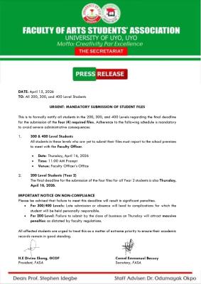 UNIUYO Faculty of Arts Students Association notice on deadline for submission of files