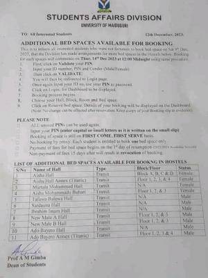 UNIMAID notice on additional bed spaces available for booking