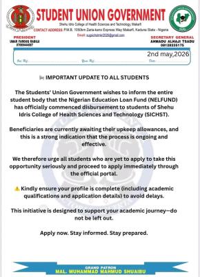 Shehu Idris College of Health Sciences & Tech. SUG issues important update to students