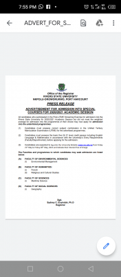 RSU notice of admission into special courses for 2020/2021 UTME candidates