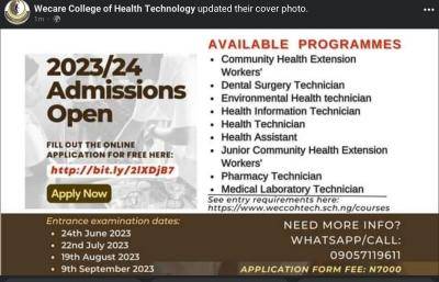Wecare College Of Health Technology Releases 2023/2024 Admission Form
