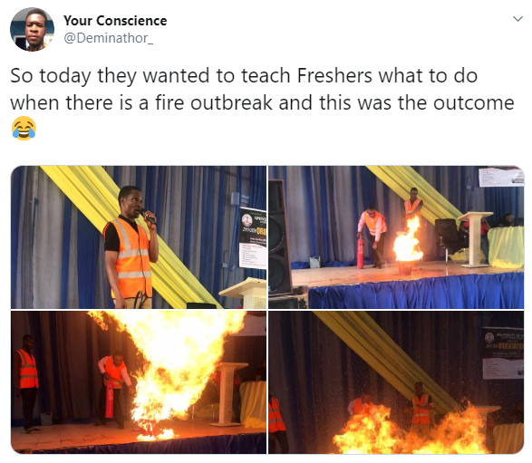 Fire Lessons Go Wrong in an Attempt to Teach Freshers How to Put Off Fire Using an Extinguisher