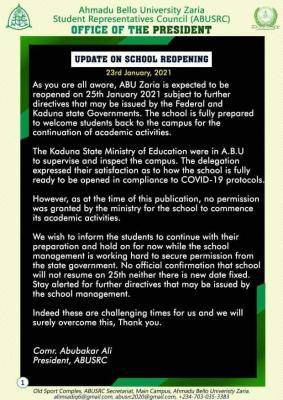 ABU SUG notice to students on resumption