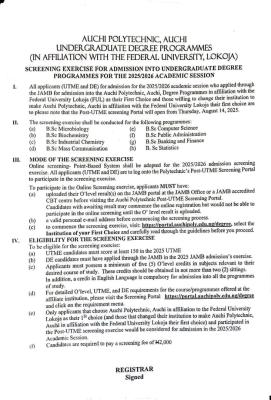 Auchi Poly (affiliated to FULOKOJA) Post-UTME 2025: Cut-off mark, eligibility and registration details