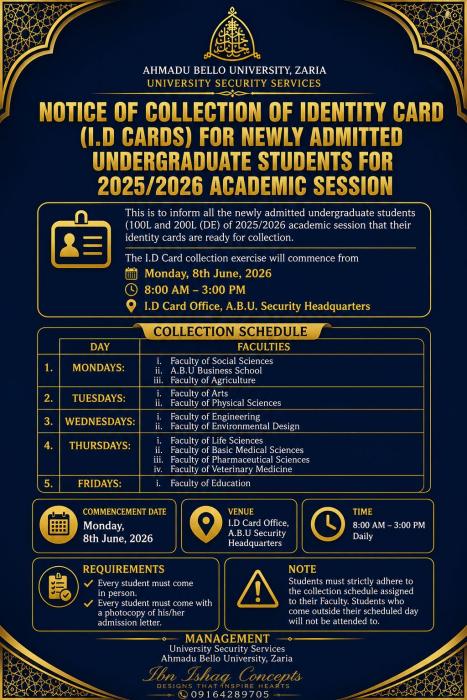 ABU Zaria issues notice to newly admitted students on collection of ID Cards