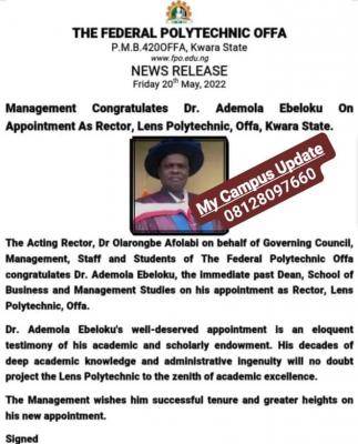 Offa Poly appoints new Rector