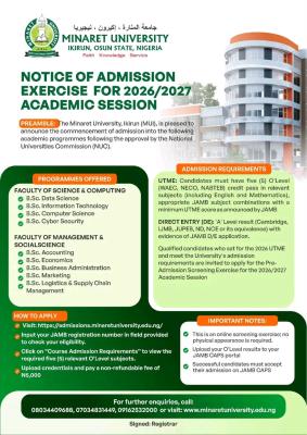 Minaret University Post-UTME/DE 2026: Eligibility and Registration Details