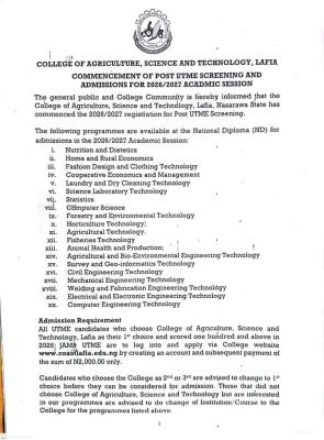 College of Agriculture, Science & Tech. Lafia Post-UTME 2026: Cut-off mark, Eligibility and Registration Details