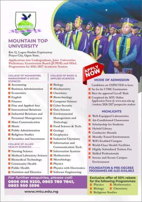 Mountain Top University Post-UTME 2026: Eligibility and Registration Details