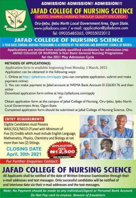 JAFAD College of Nursing Science admission form, 2021/2022 - Myschool