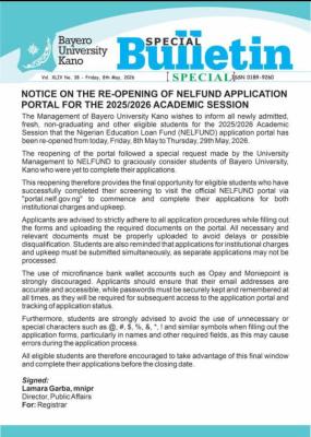 BUK notice on reopening of NELFUND Application Portal