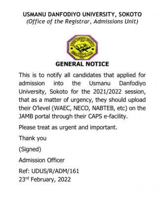UDUSOK notice to prospective students, 2021/2022
