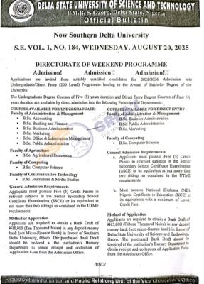 DSUST weekend programmes degree admission, 2025/2026 session