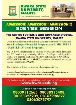KWASU Predegree, Remedial and IJMB admissions for 2021/2022 session