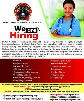ECWA College of Nursing Sciences announces vacancies