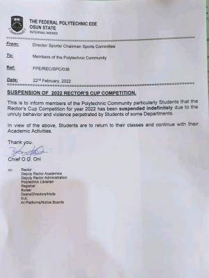 EDEPOLY notice on suspension of 2022 Rector's cup competition