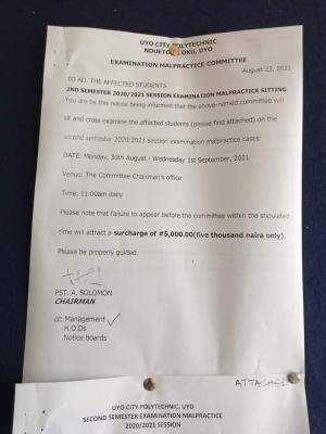 Uyo City Polytechnic notice to students involved in malpractice during 2nd semester exam, 2019/2020