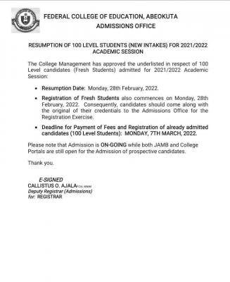 FCE Osiele notice on resumption of newly admitted students, 2021/2022