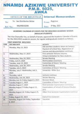 UNIZIK releases academic calendar for the 2022/2023 session