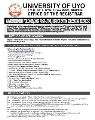 UNIUYO Post-UTME 2026: Cut off mark, Eligibility and Registration Procedures