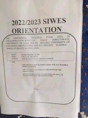 UNIUYO notice on orientation exercise for SIWES students, 2022/2023