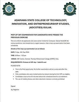 Adamawa State College of Tech., Innovation and Entrepreneurship Studies Mop-up entrance exam