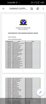 UNIMAID supplementary UTME/DE admission Lists , 2020/2021