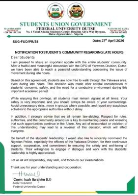 FUDUTSE SUG issues notice to students regarding late hours