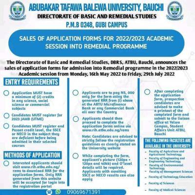 ATBU 2022/2023 Remedial admission form