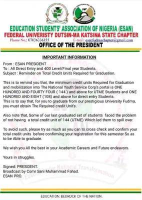 FUDutsin-ma ESAN important reminder to all DE, 400L/final year students on total credit units required for graduation