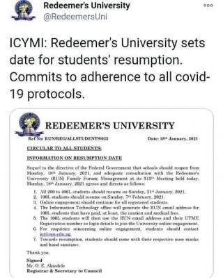 Redeemers University announces phased resumption