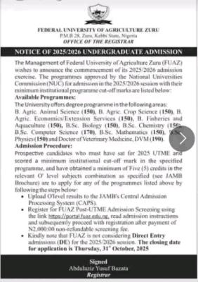 FUAZ Post-UTME 2025: cut-off mark, eligibility and registration details