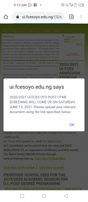 FCE Special, Oyo affiliated to UI 2020/2021 Post-UTME screening Date