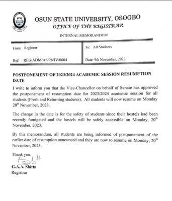 UNIOSUN notice on postponement of resumption for 2023/2024 academic session