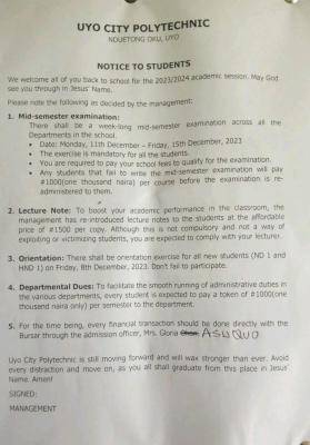 Uyo City Poly notice to students