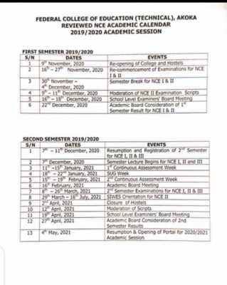 FCE (Technical) reviewed academic calendar for 2019/2020 session