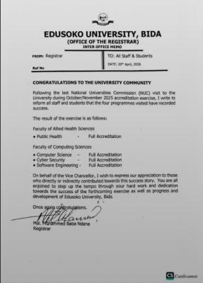Edusoko University, Bida gets NUC full accreditation for 4 academic programmes