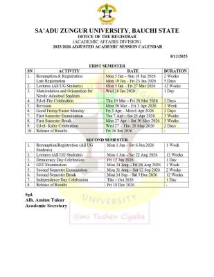 SAZU releases adjusted academic calendar for 2025/2026 session