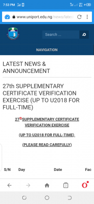 UNIPORT notice on 27th supplementary certificate verification exercise